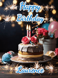 Happy Birthday Laurence GIF: Sparkles and glitter happy birthday gif with a cake and flickering candles and sparklers behind the words happy birthday customize