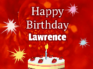 Happy Birthday Lawrence GIF: A bright red happy birthday gif animated with a cake candle, and glitter and sparkles. Customize with name.