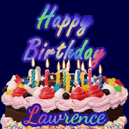 Happy Birthday Lawrence GIF: A dark blue birthday gif with a beautiful cake with flickering candles, background sparkles and a name to customize.