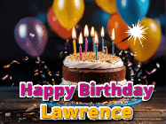 Happy Birthday Lawrence GIF: A birthday cake with flickering candles gif with text reading Happy Birthday and a Name slot to customize