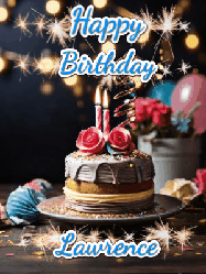 Happy Birthday Lawrence GIF: Sparkles and glitter happy birthday gif with a cake and flickering candles and sparklers behind the words happy birthday customize