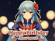 Happy Birthday Lawrence GIF: Anime girl holding a birthday cake and an animated sword falls into it. Text reads Happy Birthday Customize