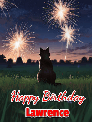 Happy Birthday Lawrence GIF: An animated gif at night showing the backside of a sitting cat who watches sparkle and fireworks over a meadow. Customize name and happy birthday.