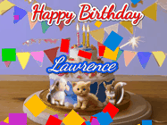 Happy Birthday Lawrence GIF: Happy Birthday Cake GIF with a cat, lamb, and squirrel on the cake with flickering candles, a sparkler, and falling confetti. Reads Happy Birthday Name and you can customize the name