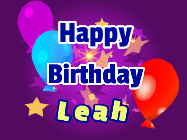Happy Birthday Leah GIF: A lovely purple birthday gif animated with moving text, a balloon, and bubbles. Customize it.