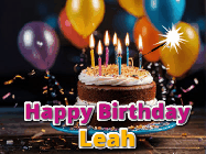 Happy Birthday Leah GIF: A birthday cake with flickering candles gif with text reading Happy Birthday and a Name slot to customize