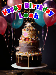 Happy Birthday Leah GIF: Beautiful birthday cake animated gif, a celebration of balloons, confetti, and sparklers. Customize banner and name.