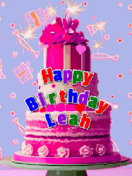 Happy Birthday Leah GIF: A big beautiful birthday cake gif with falling confetti, sparklers, and balloons, reads Happy Birthday Name. Customize it.
