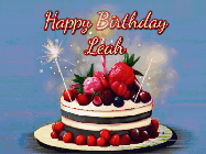 Happy Birthday Leah GIF: Animated GIF of a birthday cake covered in berries with 2 sparklers and a candle, reads Happy Birthday Name. Customize it.