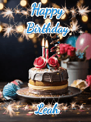 Happy Birthday Leah GIF: Sparkles and glitter happy birthday gif with a cake and flickering candles and sparklers behind the words happy birthday customize