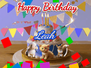 Happy Birthday Leah GIF: Happy Birthday Cake GIF with a cat, lamb, and squirrel on the cake with flickering candles, a sparkler, and falling confetti. Reads Happy Birthday Name and you can customize the name