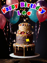 Happy Birthday Lee GIF: Beautiful birthday cake animated gif, a celebration of balloons, confetti, and sparklers. Customize banner and name.