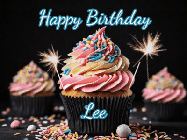 Happy Birthday Lee GIF: A delicious cupcake gif with animated sparkles reading Happy Birthday with a name to customize