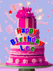 Happy Birthday Lee GIF: A big beautiful birthday cake gif with falling confetti, sparklers, and balloons, reads Happy Birthday Name. Customize it.