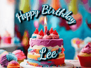 Happy Birthday Lee GIF: Animated Happy Birthday Gif reading Happy Birthday Customize. Depicts a colorful birthday with flickering candles and glitter.