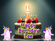 Happy Birthday Lee GIF: An animated gif with 2 unicorns and a birthday candle on a cake.