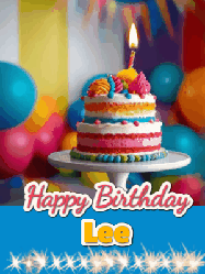 Happy Birthday Lee GIF: A birthday card gif with a cake and candle and a blue ribbon with animated sparklers. Reads Happy Birthday Name