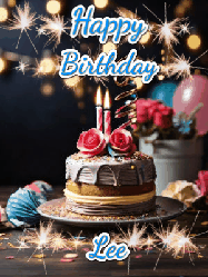Happy Birthday Lee GIF: Sparkles and glitter happy birthday gif with a cake and flickering candles and sparklers behind the words happy birthday customize