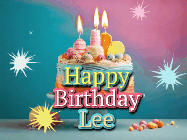Happy Birthday Lee GIF: A colorful animated Happy Birthday Cake GIF with swirling sparkles and flickering candles. It reads Happy Birthday Name