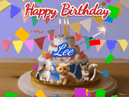 Happy Birthday Lee GIF: Happy Birthday Cake GIF with a cat, lamb, and squirrel on the cake with flickering candles, a sparkler, and falling confetti. Reads Happy Birthday Name and you can customize the name