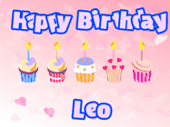 Happy Birthday Leo GIF: Pink animated birthday gif with 5 cupcakes and candles and animated text you can customize with name.