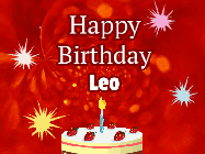 Happy Birthday Leo GIF: A bright red happy birthday gif animated with a cake candle, and glitter and sparkles. Customize with name.