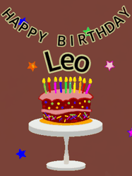 Happy Birthday Leo GIF: Animated birthday gif of a chocolate cartoon cake and stars. Animated text can be customized with name.