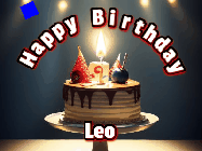 Happy Birthday Leo GIF: Animated happy birthday gif with a cake and flickering candles with colorful falling confetti and text reading Happy Birthday