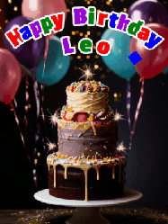 Happy Birthday Leo GIF: Beautiful birthday cake animated gif, a celebration of balloons, confetti, and sparklers. Customize banner and name.