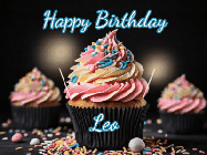 Happy Birthday Leo GIF: A delicious cupcake gif with animated sparkles reading Happy Birthday with a name to customize