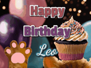 Happy Birthday Leo GIF: Cute Kitten Birthday Cupcake GIF with a cupcake raised by a cats head, then it pulls down text reading Happy Birthday Name