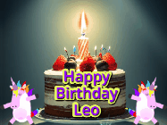 Happy Birthday Leo GIF: An animated gif with 2 unicorns and a birthday candle on a cake.