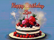 Happy Birthday Leo GIF: Animated GIF of a birthday cake covered in berries with 2 sparklers and a candle, reads Happy Birthday Name. Customize it.