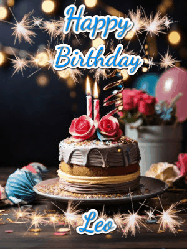 Happy Birthday Leo GIF: Sparkles and glitter happy birthday gif with a cake and flickering candles and sparklers behind the words happy birthday customize