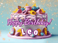 Happy Birthday Leo GIF: A beautiful birthday cake gif with animated sparkles and glitter Happy Birthday Name you can customize