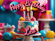 Happy Birthday Leo GIF: Animated birthday gif with a beautiful colorful birthday can and sparkles in the air. It reads Happy Birthday Customize.