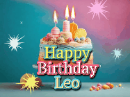 Happy Birthday Leo GIF: A colorful animated Happy Birthday Cake GIF with swirling sparkles and flickering candles. It reads Happy Birthday Name