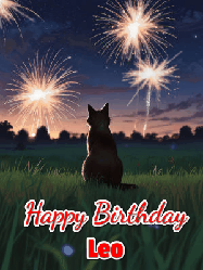 Happy Birthday Leo GIF: An animated gif at night showing the backside of a sitting cat who watches sparkle and fireworks over a meadow. Customize name and happy birthday.