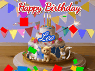 Happy Birthday Leo GIF: Happy Birthday Cake GIF with a cat, lamb, and squirrel on the cake with flickering candles, a sparkler, and falling confetti. Reads Happy Birthday Name and you can customize the name