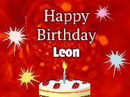 Happy Birthday Leon GIF: A bright red happy birthday gif animated with a cake candle, and glitter and sparkles. Customize with name.