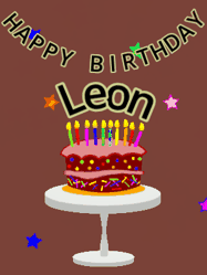 Happy Birthday Leon GIF: Animated birthday gif of a chocolate cartoon cake and stars. Animated text can be customized with name.
