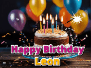 Happy Birthday Leon GIF: A birthday cake with flickering candles gif with text reading Happy Birthday and a Name slot to customize