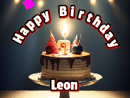 Happy Birthday Leon GIF: Animated happy birthday gif with a cake and flickering candles with colorful falling confetti and text reading Happy Birthday