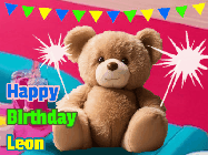 Happy Birthday Leon GIF: A cute birthday teddy bear animated birthday gif with the bear holding sparklers and text to customize.