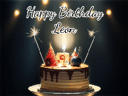Happy Birthday Leon GIF: Animated birthday cake gif with sparklers on a dark background. Personalize up to 3 lines of text.