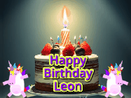 Happy Birthday Leon GIF: An animated gif with 2 unicorns and a birthday candle on a cake.