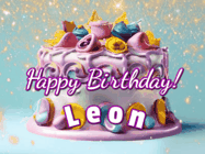 Happy Birthday Leon GIF: A beautiful birthday cake gif with animated sparkles and glitter Happy Birthday Name you can customize