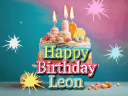 Happy Birthday Leon GIF: A colorful animated Happy Birthday Cake GIF with swirling sparkles and flickering candles. It reads Happy Birthday Name
