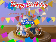 Happy Birthday Leon GIF: Happy Birthday Cake GIF with a cat, lamb, and squirrel on the cake with flickering candles, a sparkler, and falling confetti. Reads Happy Birthday Name and you can customize the name