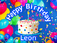Happy Birthday Leon GIF: Blue birthday gif with animated confetti, a cake, balloons, and a banner and name you can customize.